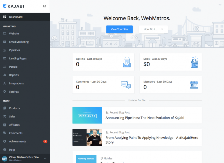 The Kajabi dashboard UI