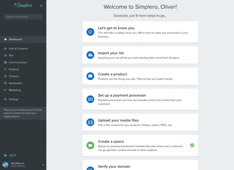 The Simplero dashboard UI