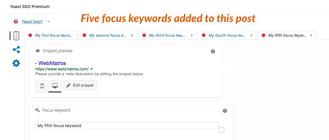Yoast SEO Premium Review – WordPress screenshot 1: Focus Keywords